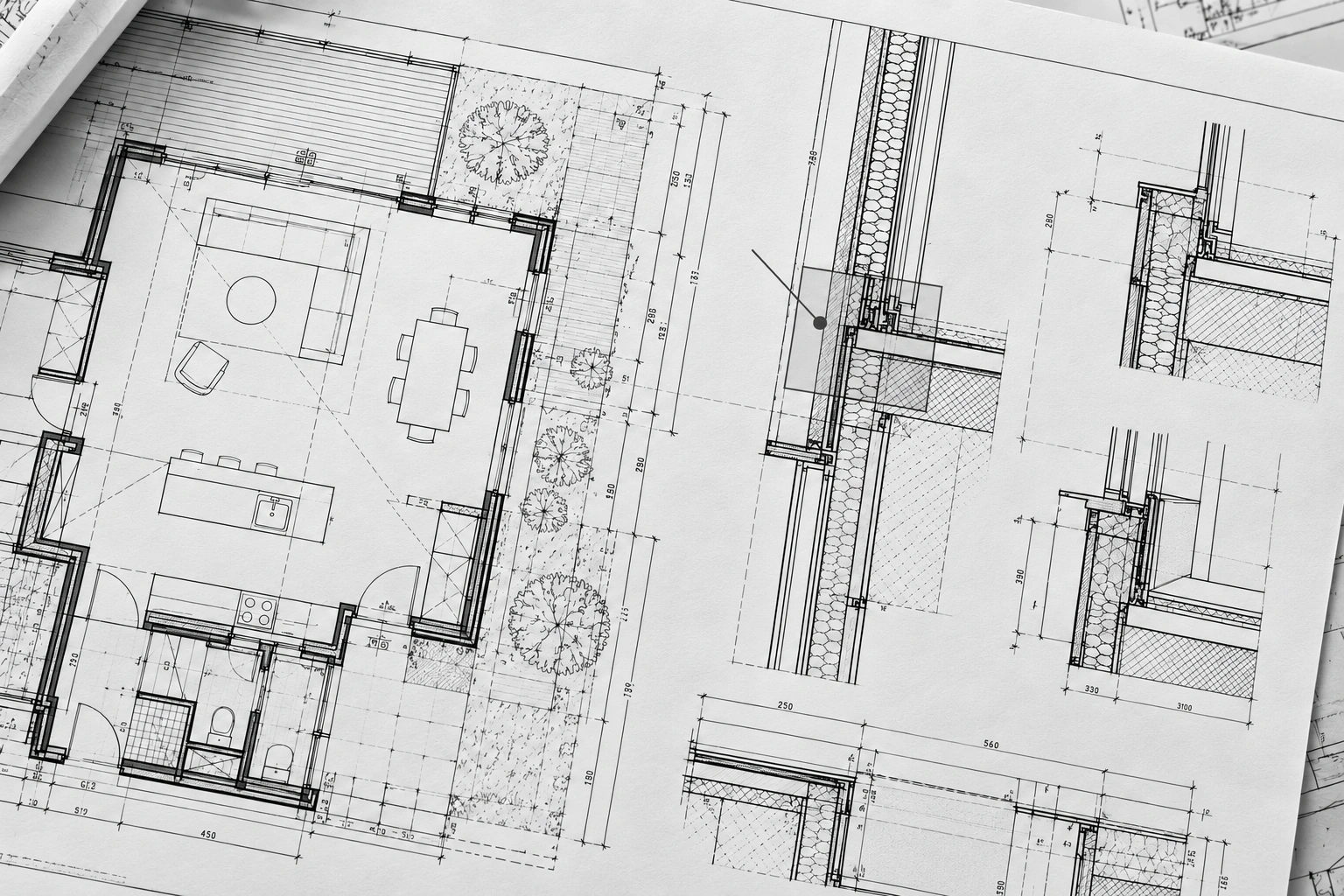 Architectural plans and junction details with a subtle review highlight